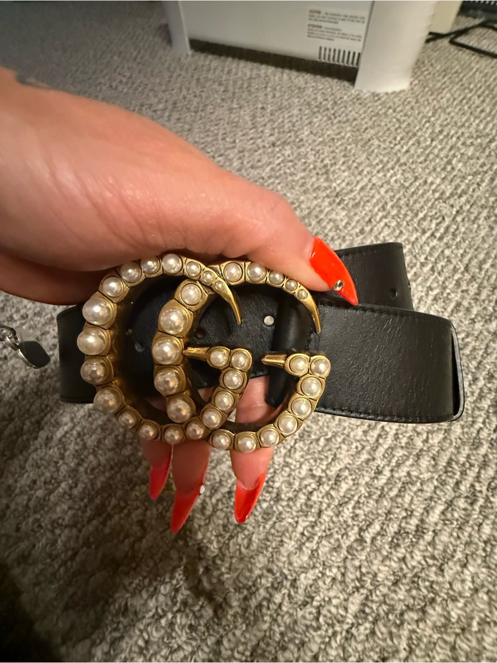 Gucci Black Leather Belt with Pearl-Embellished Gold Double G Buckle